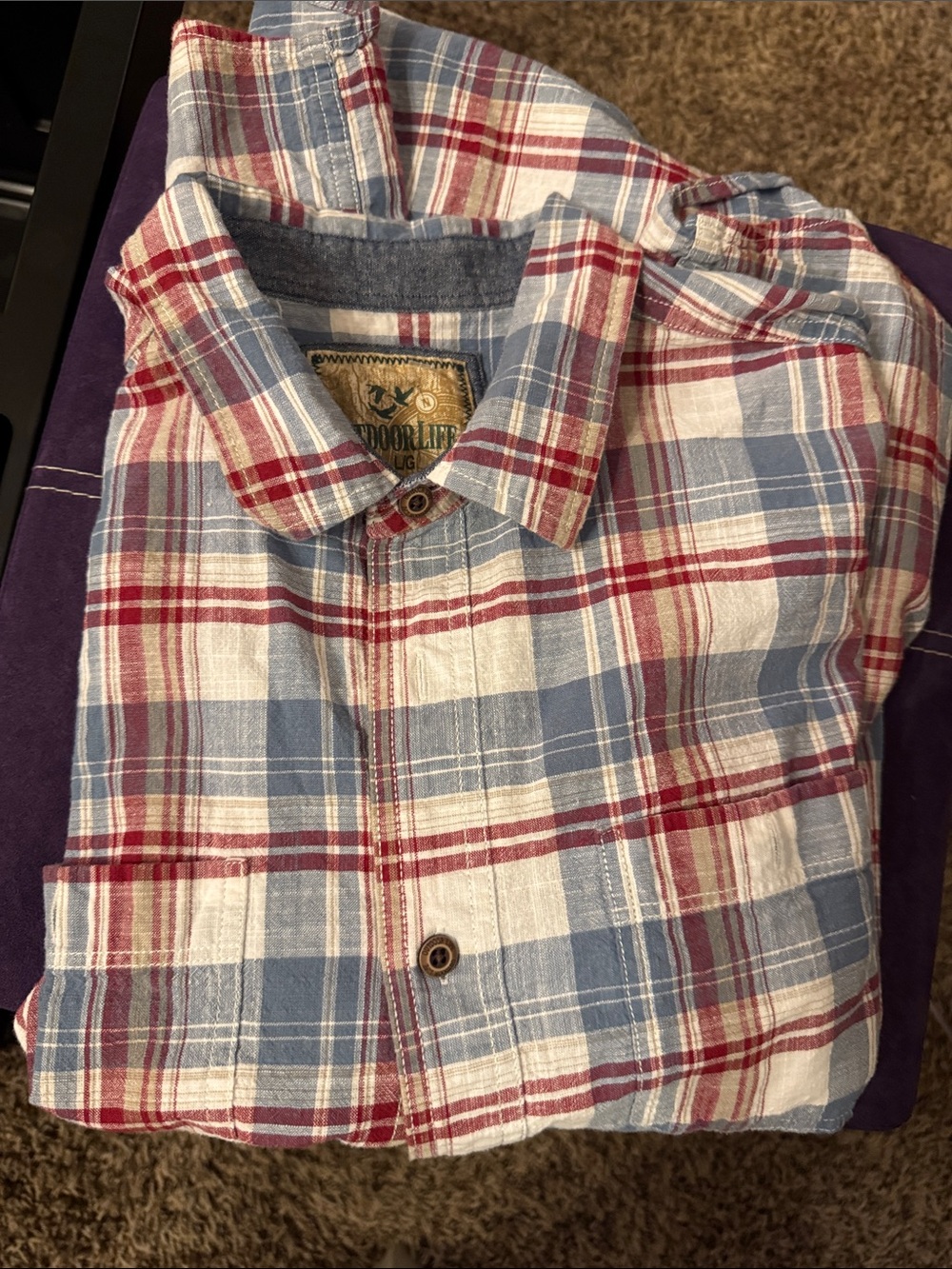Men's Plaid Outdoor Life Large Button-Up Shirt - Blue & Red S/S